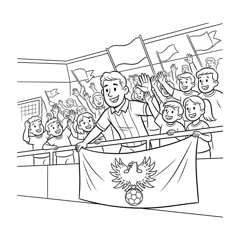 Kleurplaat van Go Ahead Eagles fans in een stadion; een man met gestreept shirt houdt een spandoek met het adelaar embleem vast, omringd door juichende supporters met vlaggen en een voetbaldoelnet.