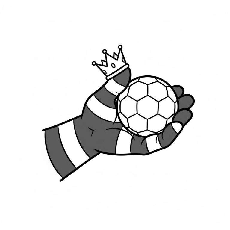 Cartooneske kleurplaat van een grijze hand met witte strepen die een wit-zwarte voetbal/handbal vasthoudt, met een zwarte kroon op de duim. PEC Zwolle thema.