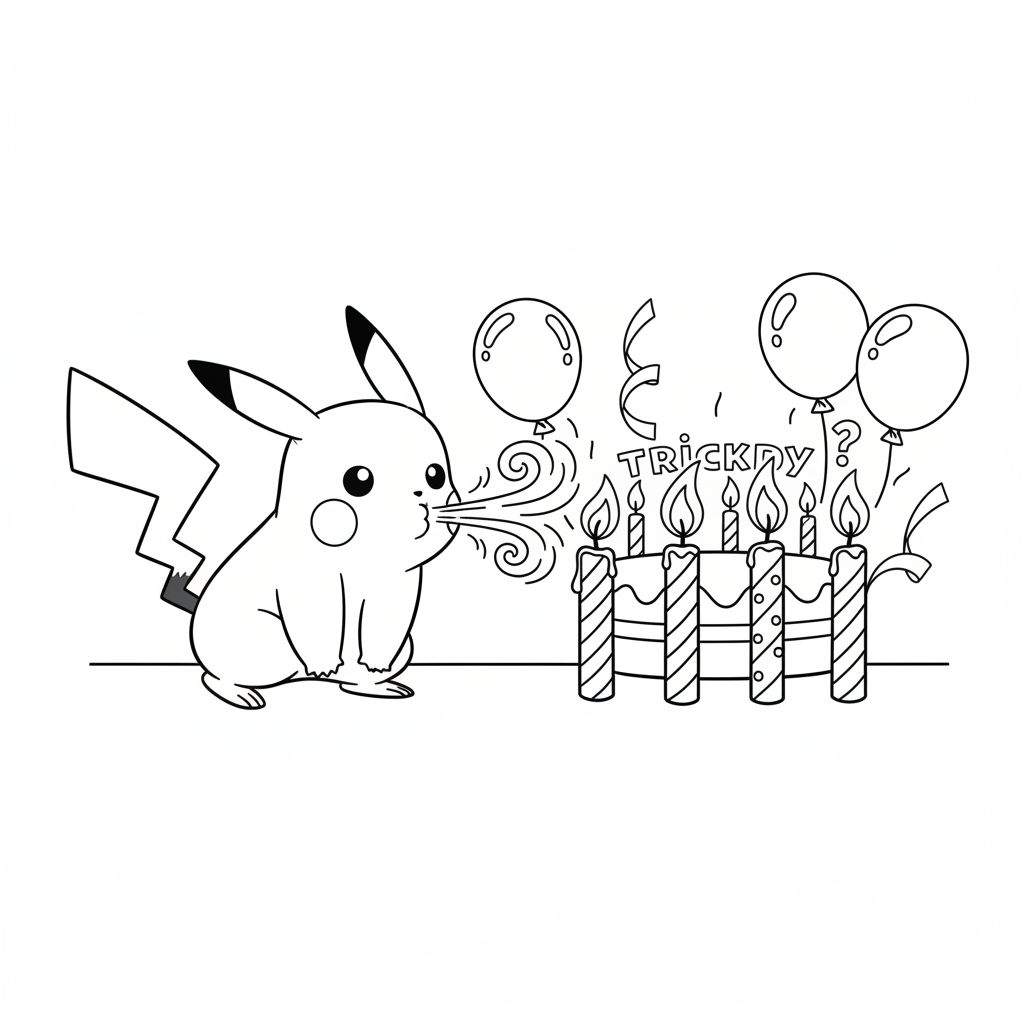 Zwart-wit kleurplaat van Pikachu die zes kaarsjes op een verjaardagstaart uitblaast. Drie ballonnen zweven boven de taart en de tekst 'TRICKAY?' is zichtbaar.