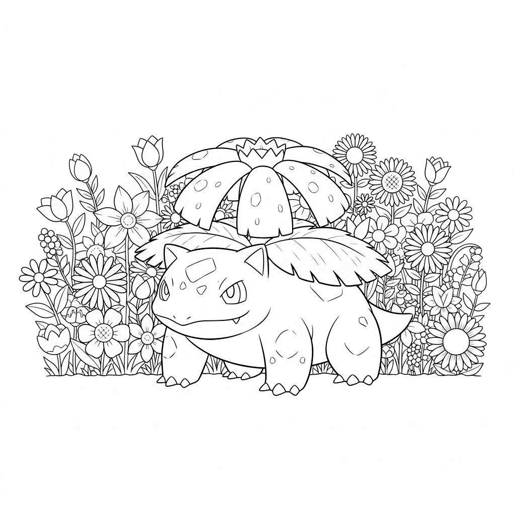 Zwart-wit lijntekening van Ivysaur, een Pokémon met een bloembol op zijn rug, omringd door diverse bloemen zoals madeliefjes, tulpen en zonnebloemen, klaar om ingekleurd te worden.