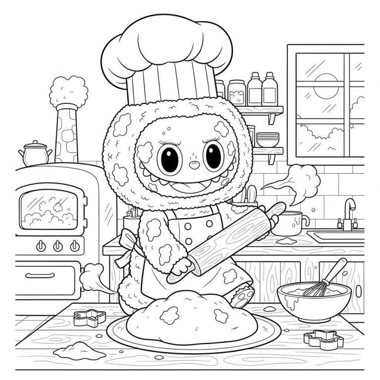 Zwart-witte kleurplaat van Labubu, een schattig, pluizig wezentje met koksmuts en schort, dat deeg uitrolt in een gezellige, gedetailleerde keuken met oven, aanrecht, raam en bakgerei.