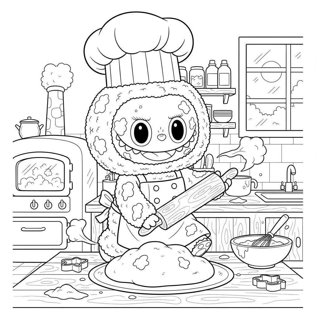 Zwart-witte kleurplaat van Labubu, een schattig, pluizig wezentje met koksmuts en schort, dat deeg uitrolt in een gezellige, gedetailleerde keuken met oven, aanrecht, raam en bakgerei.