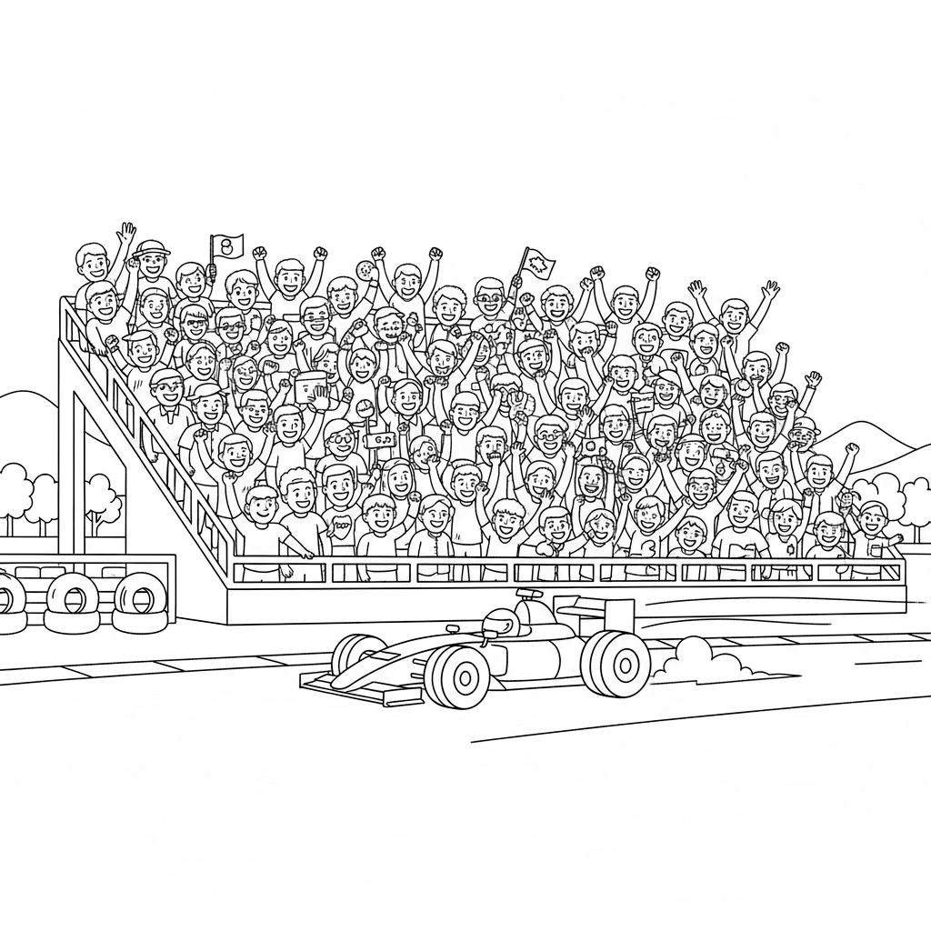 Zwart-wit lijntekening van een Formule 1 Red Bull raceauto op het circuit, met een grote tribune vol juichend publiek, zwaaiend met vlaggen en bordjes (o.a. 'G.P.', '8'). Op de achtergrond zijn heuvels en bomen te zien. Cartoonachtige kleurplaat van een Grand Prix evenement.