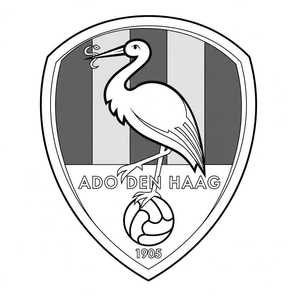 Zwart-wit kleurplaat van het ADO Den Haag logo: een ooievaar op een voetbal met een slang in zijn bek, de tekst 'ADO 'DEN HAAG'' en het jaartal '1905'.