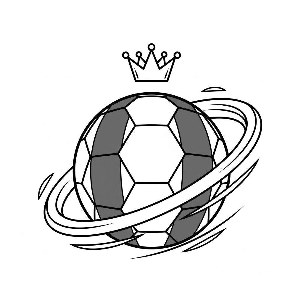 Kleurplaat van een gestileerde voetbal met kroon en dynamische wervelende lijnen, in de stijl van een PEC Zwolle sportlogo.