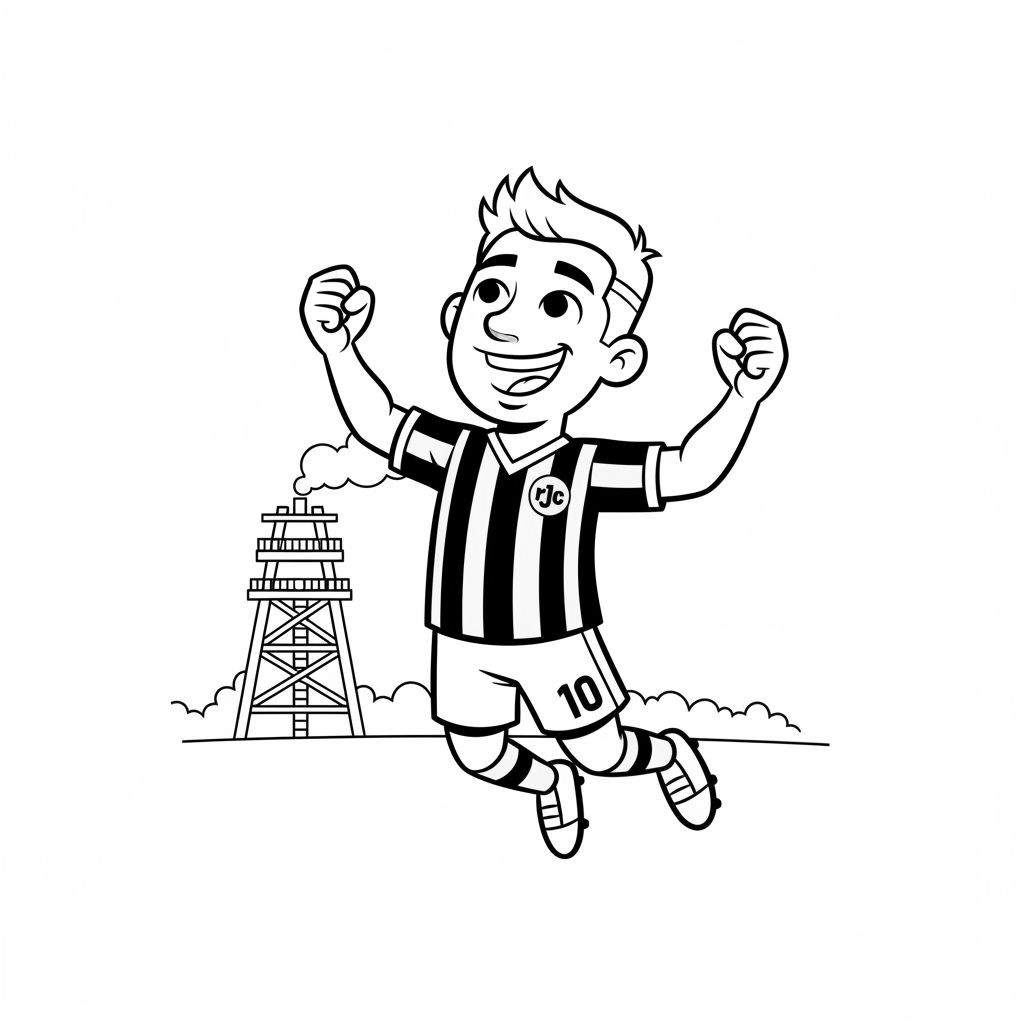 Zwart-wit kleurplaat van een juichende jongen in een verticaal zwart-wit gestreept Roda JC voetbaltenue met nummer 10, springend met gebalde vuisten en een brede lach. Op de achtergrond staat een hoge observatietoren met wolken rond de top en een golvende grond.