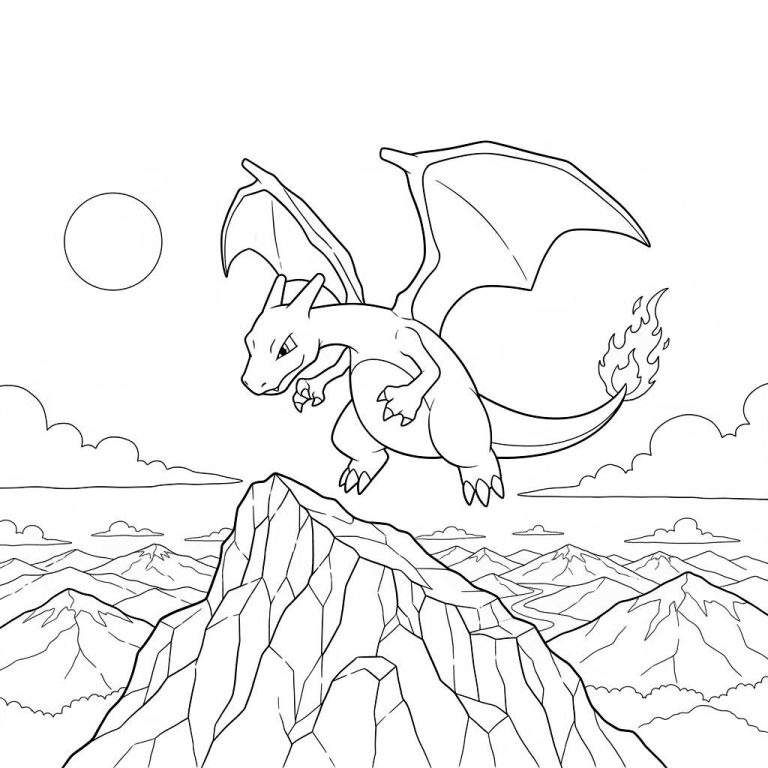 Lijntekening van Charizard met gespreide vleugels, vliegend boven een gedetailleerd berglandschap. Een vlam brandt aan zijn staart, wolken zijn zichtbaar en een lege cirkel (zon/maan) is linksboven.