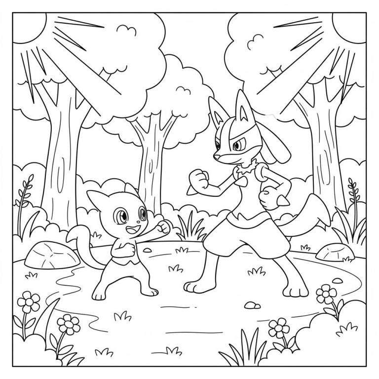 Kleurplaat van Lucario in vechthouding met een lachende katachtige Pokémon in een zonnig bos met bomen en bloemen.