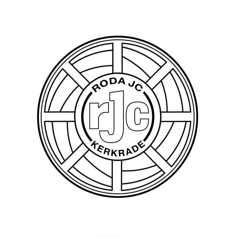 Zwart-wit kleurplaat van het Roda JC logo, een cirkel met 'RODA JC' bovenaan, 'KERKRADE' onderaan, en de gestileerde letters 'rJc' in een ovaal in het midden, ondersteund door een patroon van radiale en concentrische lijnen.