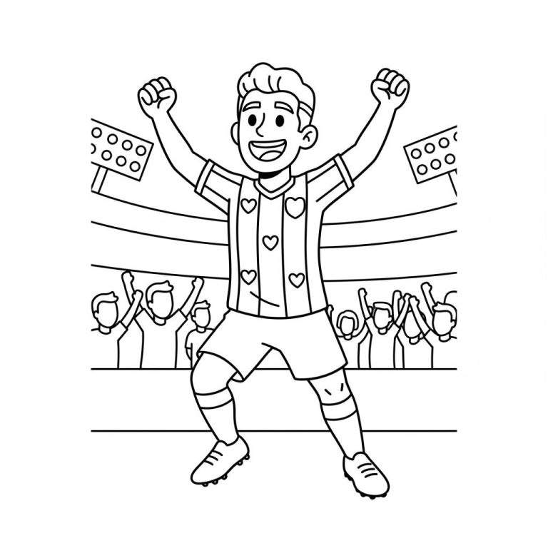 Zwart-witte lijntekening van een juichende SC Heerenveen voetballer met opgeheven armen en lachend gezicht, in een gestreept shirt met hartjes, tegen de achtergrond van een stadion met juichend publiek.