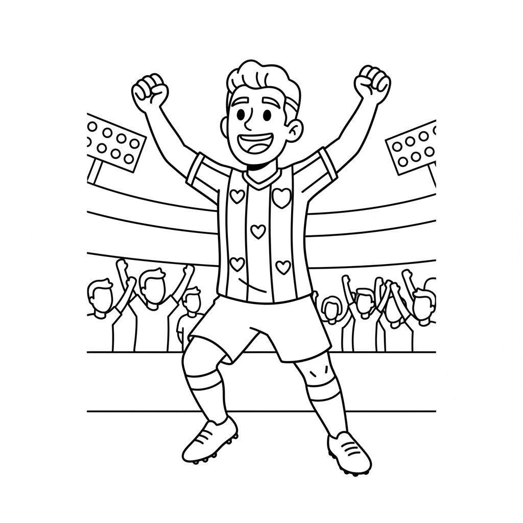 Zwart-witte lijntekening van een juichende SC Heerenveen voetballer met opgeheven armen en lachend gezicht, in een gestreept shirt met hartjes, tegen de achtergrond van een stadion met juichend publiek.