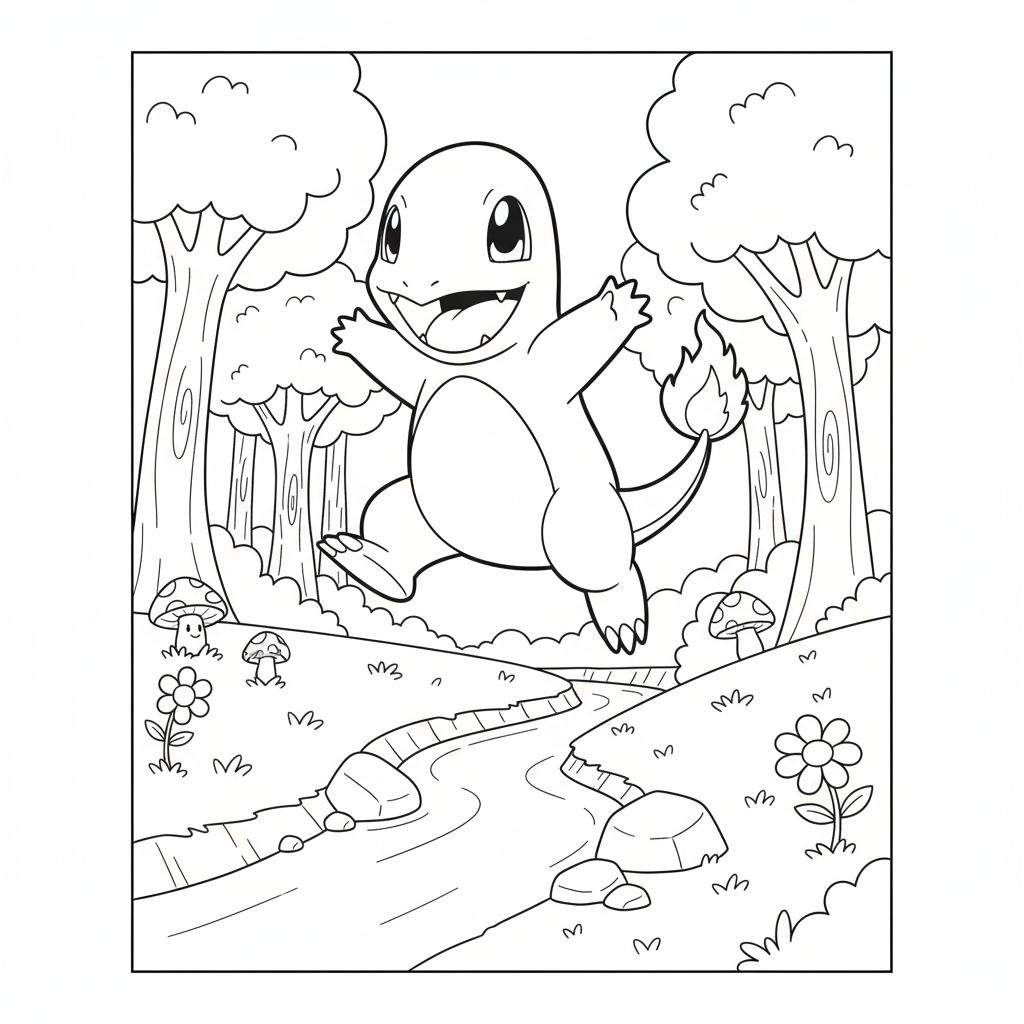 Zwart-wit kleurplaat van een vrolijke, springende Charmander in een bos met bomen, gras, paddestoelen, bloemen en een beekje. De vlam aan zijn staart brandt.