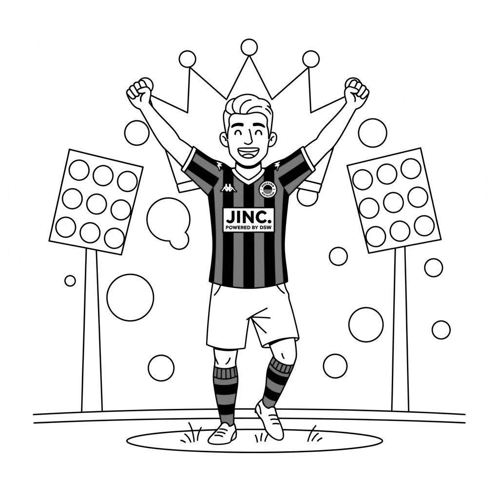 Zwart-wit kleurplaat van een lachende Excelsior voetballer in gestreept tenue met JINC sponsorlogo, die overwinning viert met een kroon en stadionverlichting op de achtergrond.
