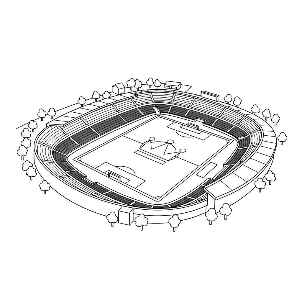 Gedetailleerde lijntekening van een NEC voetbalstadion vanuit schuin bovenaanzicht, met voetbalveld, doelen, tribunes, bomen en een speciaal kroon- of abstract symbool op de middenstip, bedoeld als kleurplaat.
