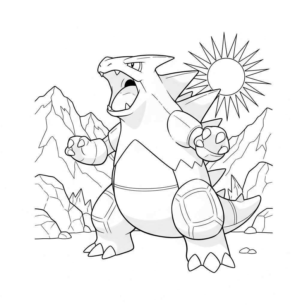 Zwart-wit kleurplaat van een brullende Tyranitar-achtig wezen met puntige stekels en pantser, tegen een achtergrond van bergen en een stralende zon.