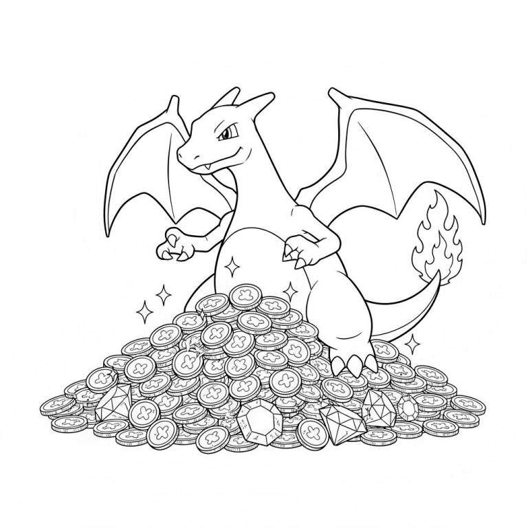 Zwart-wit lijntekening kleurplaat van Charizard, de vuurdraak Pokémon, zittend op een berg munten en edelstenen, met grote vleugels en vlam aan zijn staart.