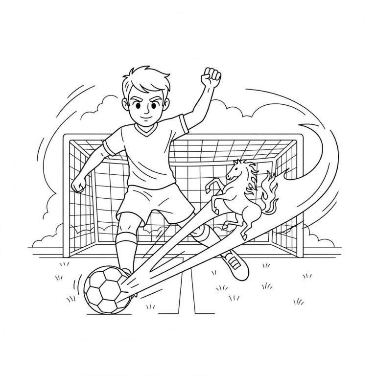 Zwart-witte kleurplaat van een jonge FC Twente voetballer die een bal schopt, waaruit een dynamisch paard met vlammende manen springt, met een voetbaldoel en gras op de achtergrond. Toont de magische energie van voetbal.