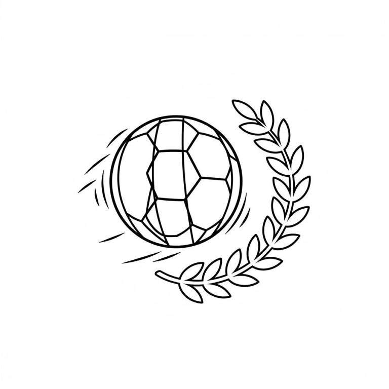 Zwart-wit kleurplaat van een gestileerd voetbalembleem met veelhoekige bal, snelheidslijnen en lauwerkrans, gerelateerd aan Sparta Rotterdam.