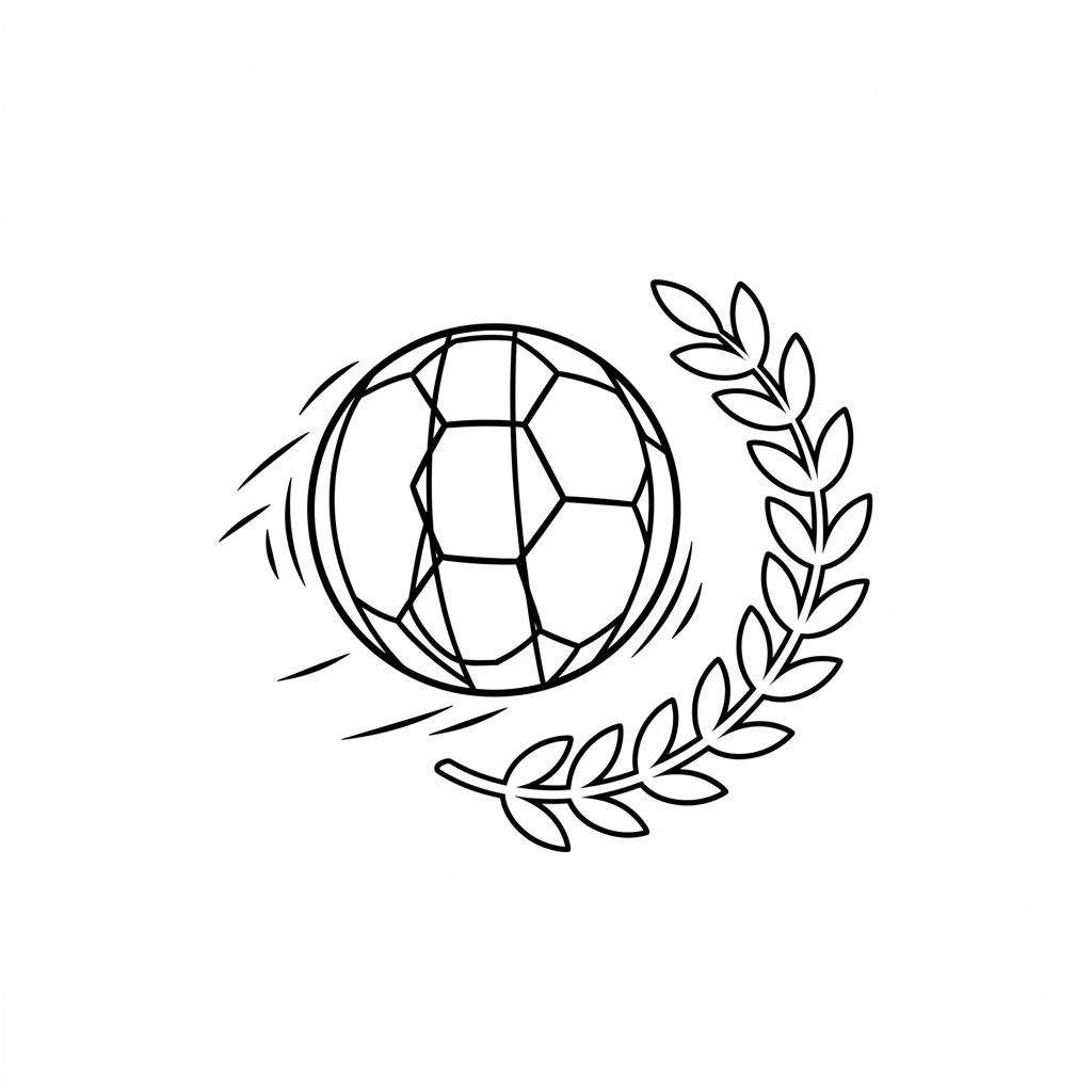 Zwart-wit kleurplaat van een gestileerd voetbalembleem met veelhoekige bal, snelheidslijnen en lauwerkrans, gerelateerd aan Sparta Rotterdam.