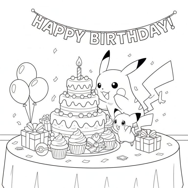 Zwart-wit kleurplaat van een Pikachu verjaardagsfeestje met twee lachende Pikachu's, een meerlaagse verjaardagstaart, cadeautjes, ballonnen en een 'HAPPY BIRTHDAY!' slinger.