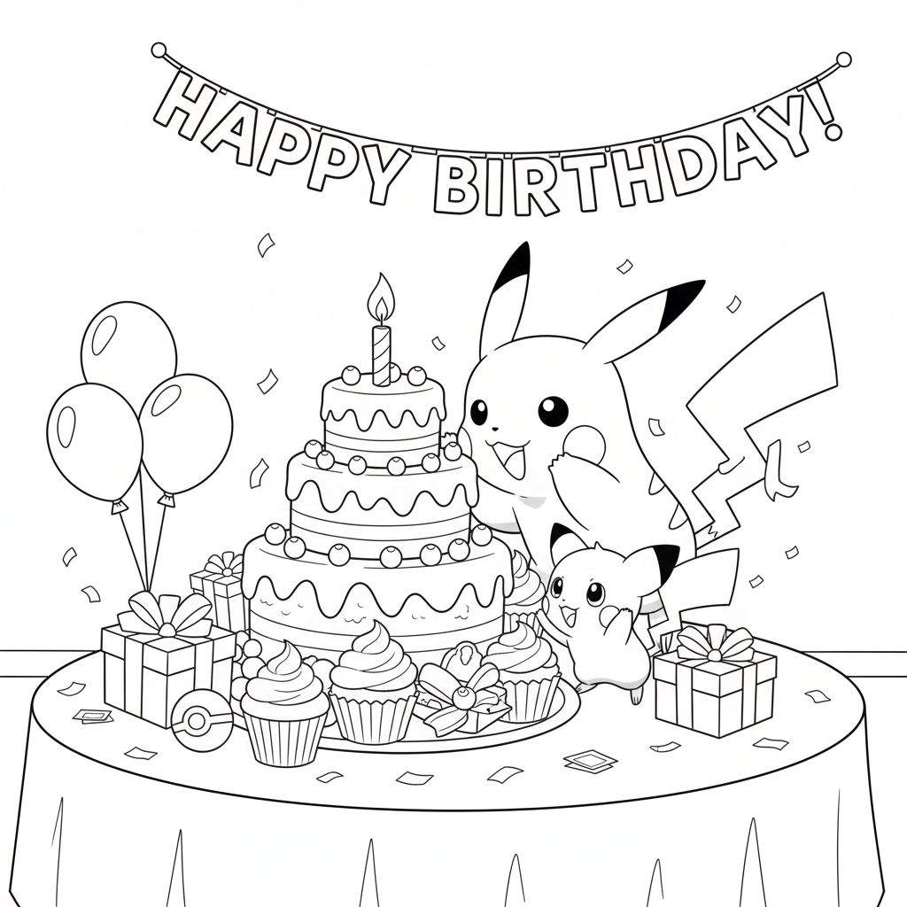 Zwart-wit kleurplaat van een Pikachu verjaardagsfeestje met twee lachende Pikachu's, een meerlaagse verjaardagstaart, cadeautjes, ballonnen en een 'HAPPY BIRTHDAY!' slinger.