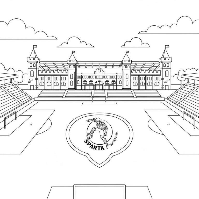 Lijntekening van het Sparta Rotterdam stadion, Het Kasteel. Het toont het kasteelachtige hoofdgebouw met torens en vlaggen, de tribunes met zitplaatsen, en een voetbalveld met het Sparta-logo in de middencirkel en een doel.
