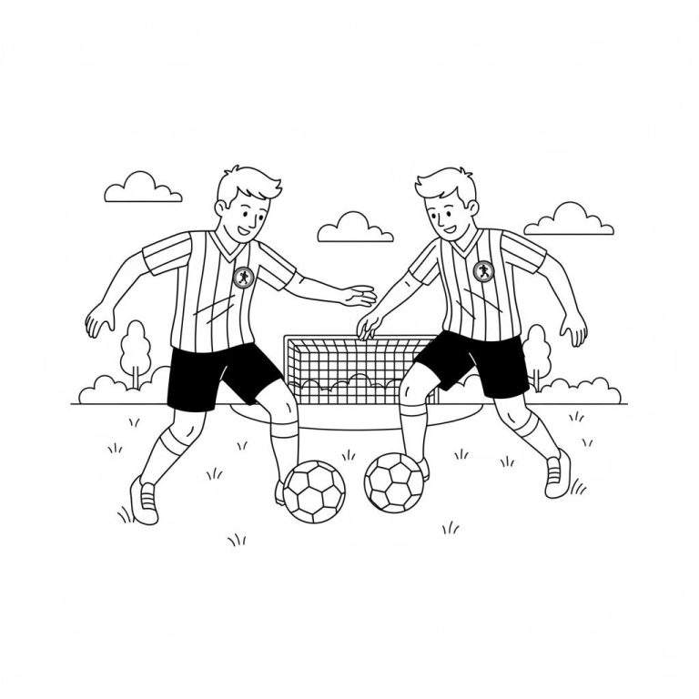 Kleurplaat van twee lachende jongens in gestreepte Sparta Rotterdam voetbalshirts die met hun ballen op een grasveld voor een voetbaldoel staan.