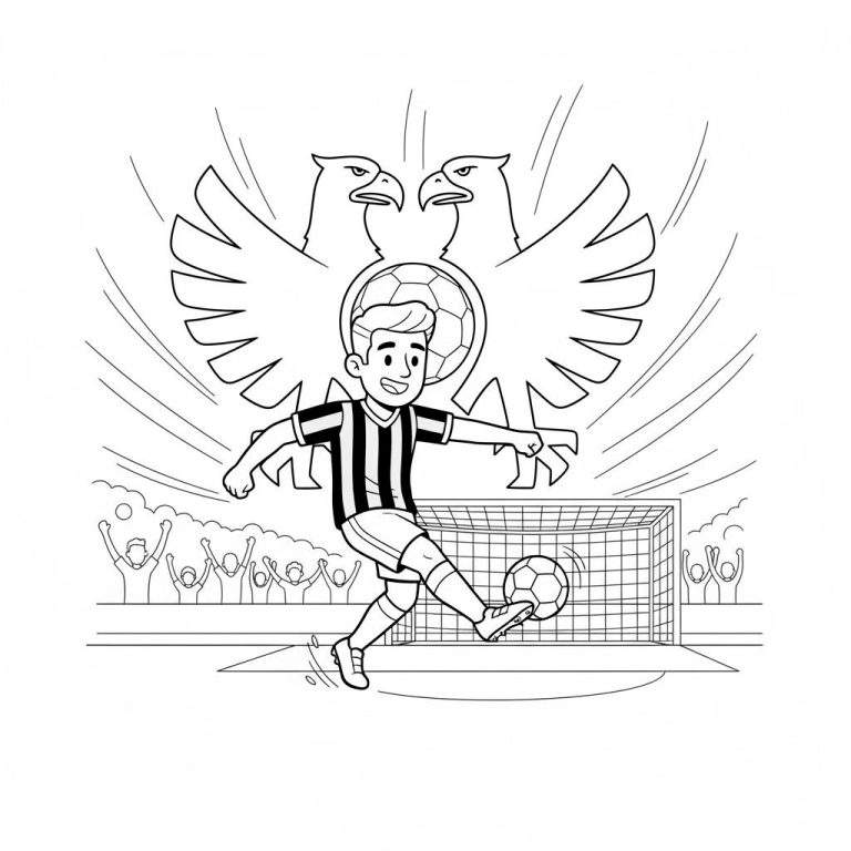 Zwart-wit kleurplaat van een lachende jongen in Vitesse-gestreept shirt die een voetbal scoort in een doel. Boven hem twee adelaars met voetbal. Op de achtergrond juichende fans.