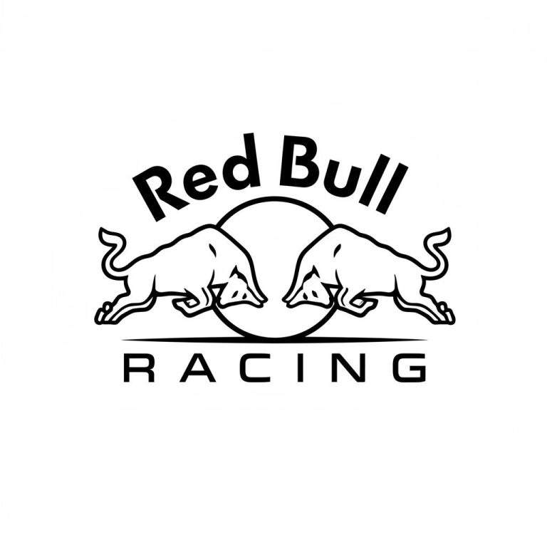 Zwart-wit kleurplaat van het Red Bull Racing logo met twee springende stieren, de tekst 'Red Bull' erboven en 'RACING' eronder.