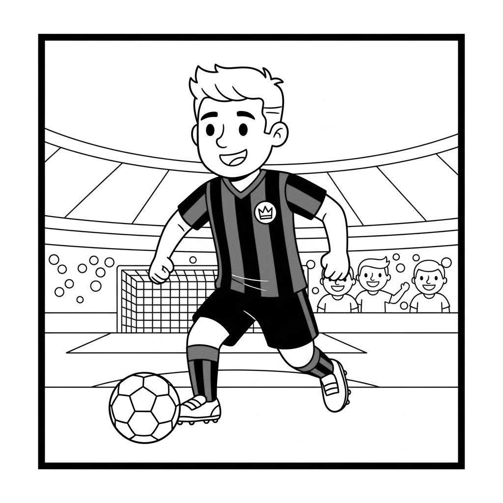 Zwart-wit kleurplaat van een glimlachende jongen in Excelsior voetbaltenue die dribbelt met een bal in een stadion met lachende kinderfans.