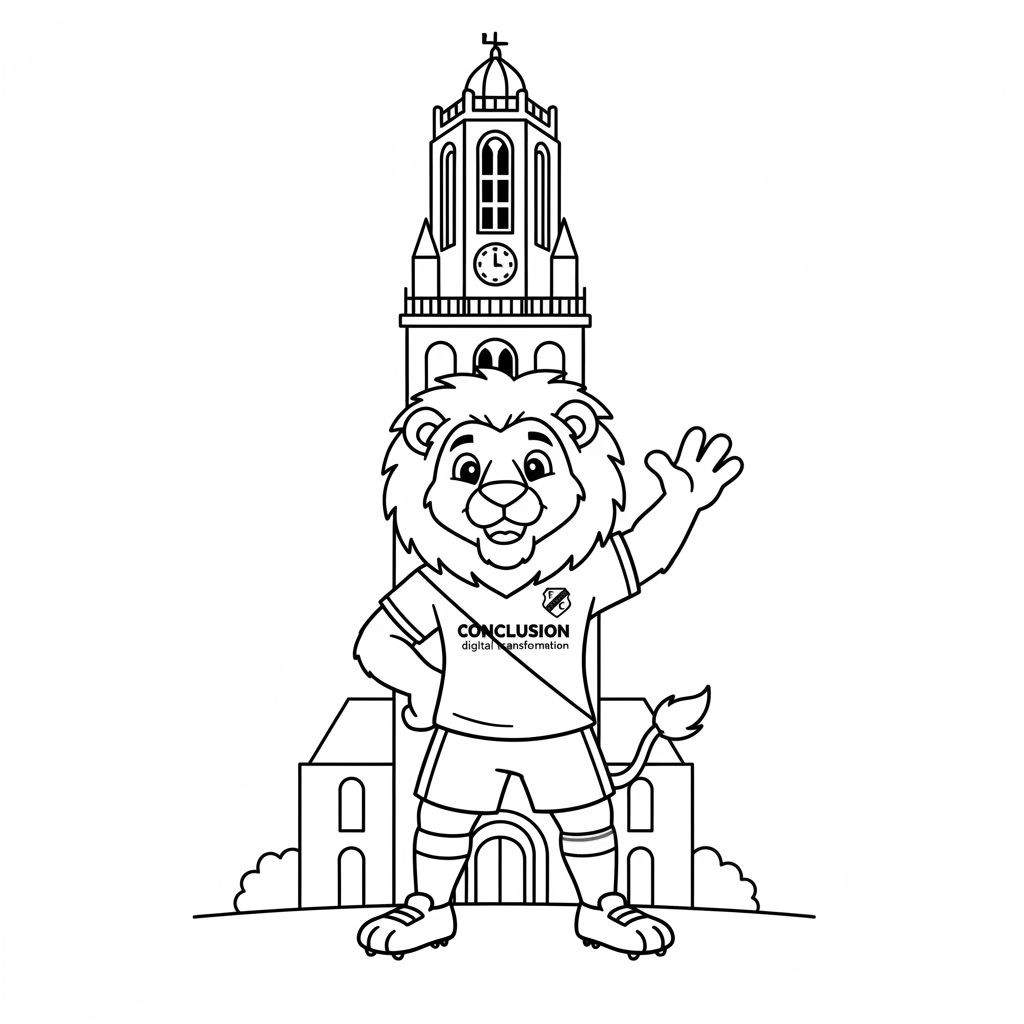 Kleurplaat van een lachende FC Utrecht leeuwmascotte in sporttenue met 'CONCLUSION digital transformation' op zijn shirt, zwaaiend voor een historisch gebouw dat lijkt op de Domtoren.