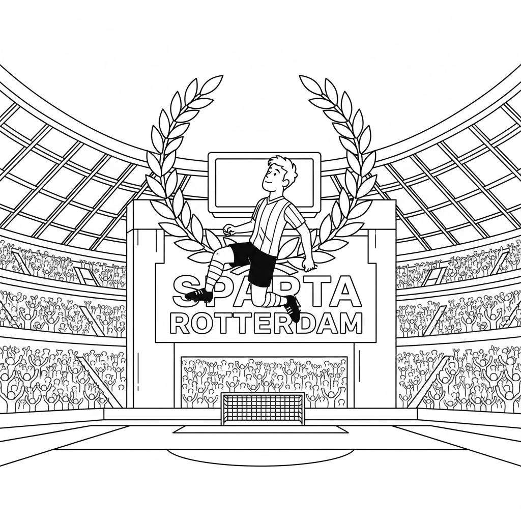 Kleurplaat van een Sparta Rotterdam voetballer in actie voor een juichend stadion met 'SPARTA ROTTERDAM' op het scorebord en een voetbaldoel.