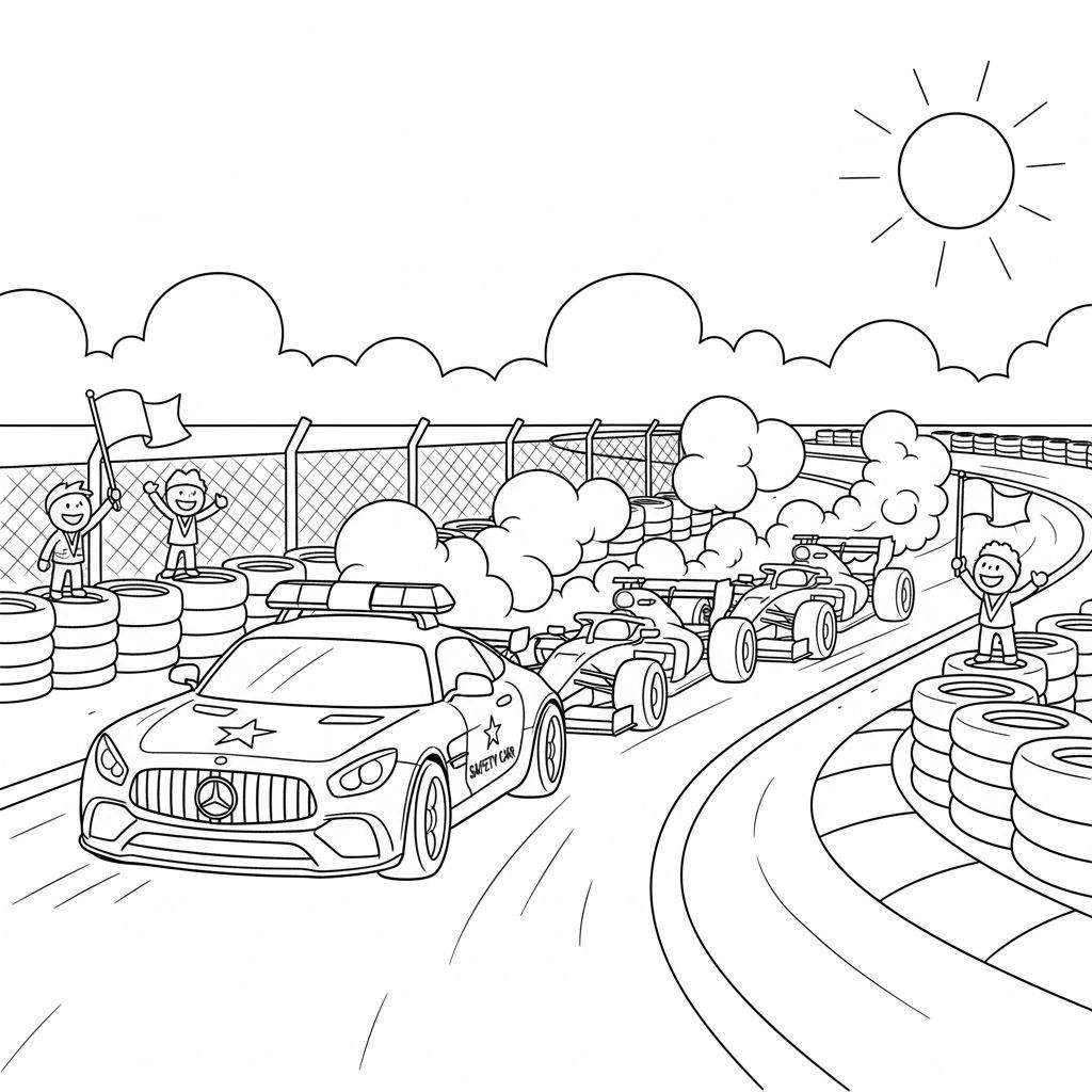 Zwart-wit kleurplaat van een Red Bull racecircuit met safety car, drie Formule 1-auto's, juichende fans, bandenbarrières, gaashek, wolken en zon.