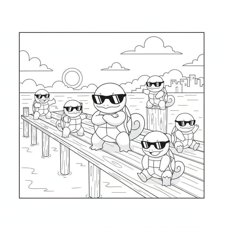 Zwart-wit kleurplaat van zes coole, Squirtle-achtige wezens met zonnebrillen op een houten steiger boven water, met een grote zon/maan en stadsilhouet op de achtergrond.