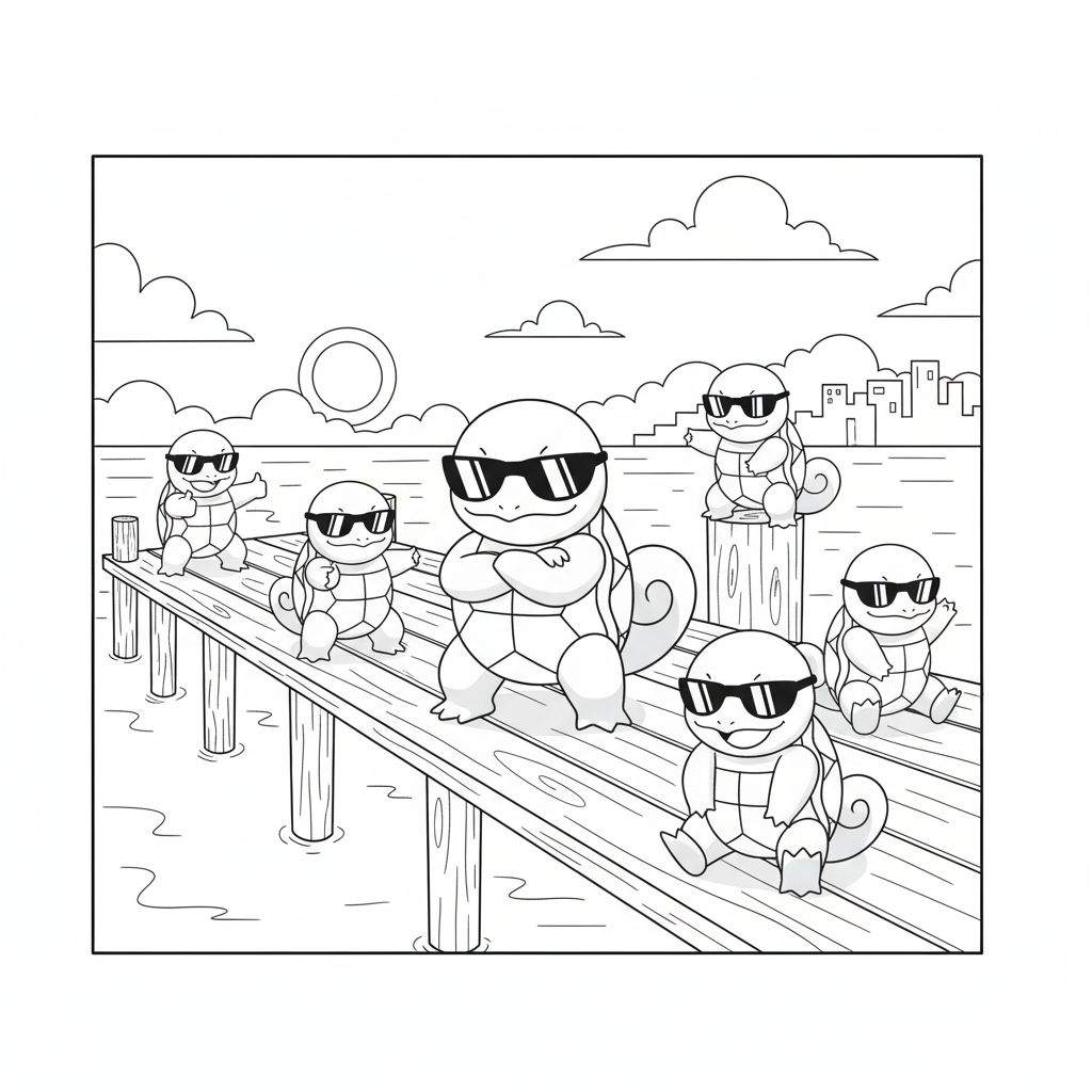 Zwart-wit kleurplaat van zes coole, Squirtle-achtige wezens met zonnebrillen op een houten steiger boven water, met een grote zon/maan en stadsilhouet op de achtergrond.