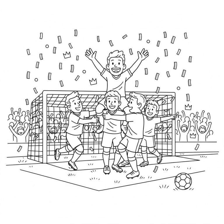 Zwart-witte kleurplaat van een juichend PEC Zwolle voetbalteam. Eén speler wordt op schouders gedragen, omringd door vijf lachende teamgenoten. Confetti valt, een doel staat achter hen, en een juichend publiek is in de verte te zien, op een grasveld met een voetbal.