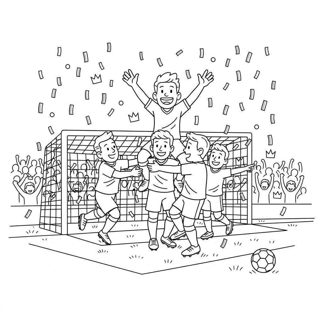 Zwart-witte kleurplaat van een juichend PEC Zwolle voetbalteam. Eén speler wordt op schouders gedragen, omringd door vijf lachende teamgenoten. Confetti valt, een doel staat achter hen, en een juichend publiek is in de verte te zien, op een grasveld met een voetbal.