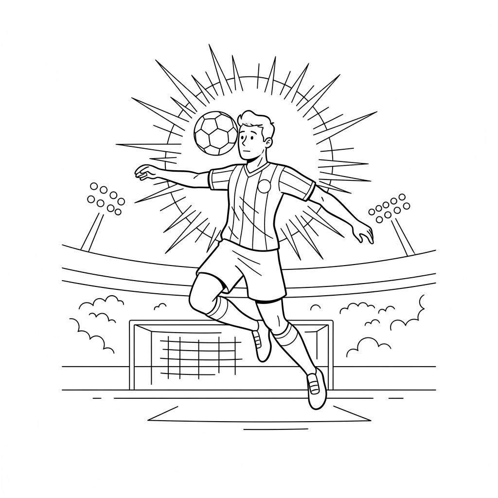 Zwart-wit kleurplaat van een Sparta Rotterdam voetballer in de lucht die de bal kopt, met een stadion, stadionlichten en een doel op de achtergrond. De tekening benadrukt actie en dynamiek.