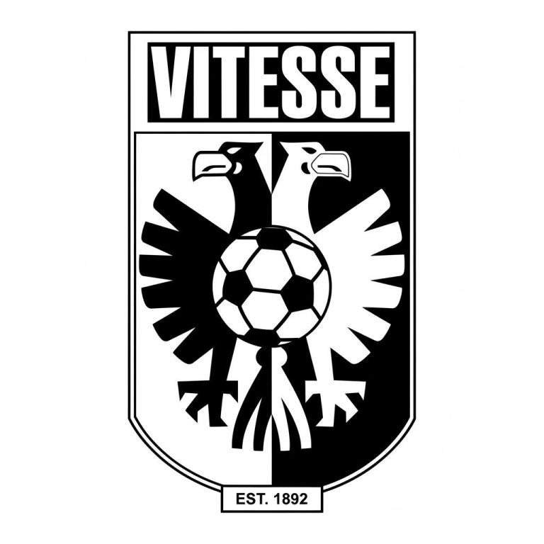 Zwart-wit kleurplaat van het Vitesse logo, een wapenschild met 'VITESSE', twee adelaars, een voetbal en 'EST. 1892'.