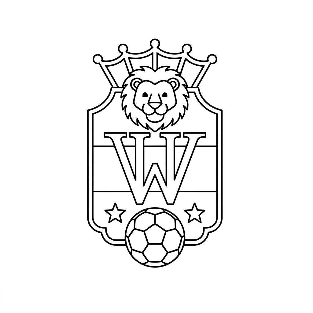 Zwart-wit kleurplaat van het Willem II voetbalclublogo als wapenschild, met kroon, leeuwenkop, letter W, voetbal en twee sterren.