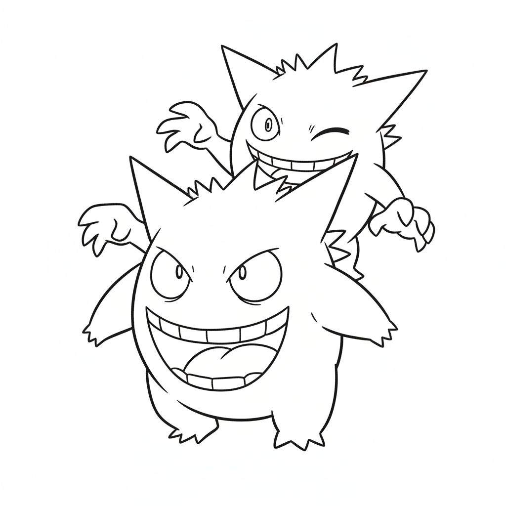 Zwart-wit lijntekening van twee Gengar Pokémon; de voorste is groter en lacht breed, de achterste is kleiner en knipoogt speels achter de eerste vandaan.