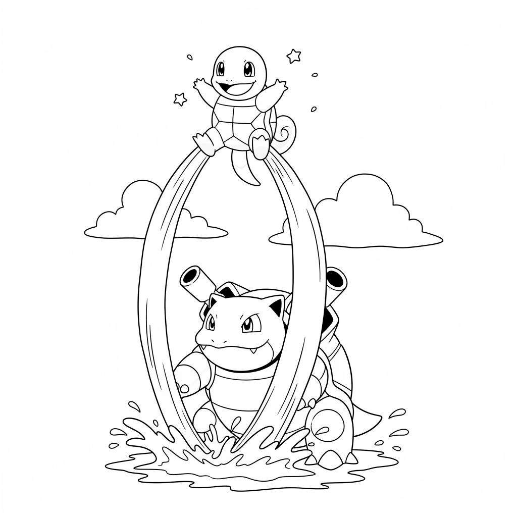 Pokémon kleurplaat van Blastoise die waterstralen omhoog spuit, waarboven de lachende Squirtle speels zweeft in een dynamische water-scène.