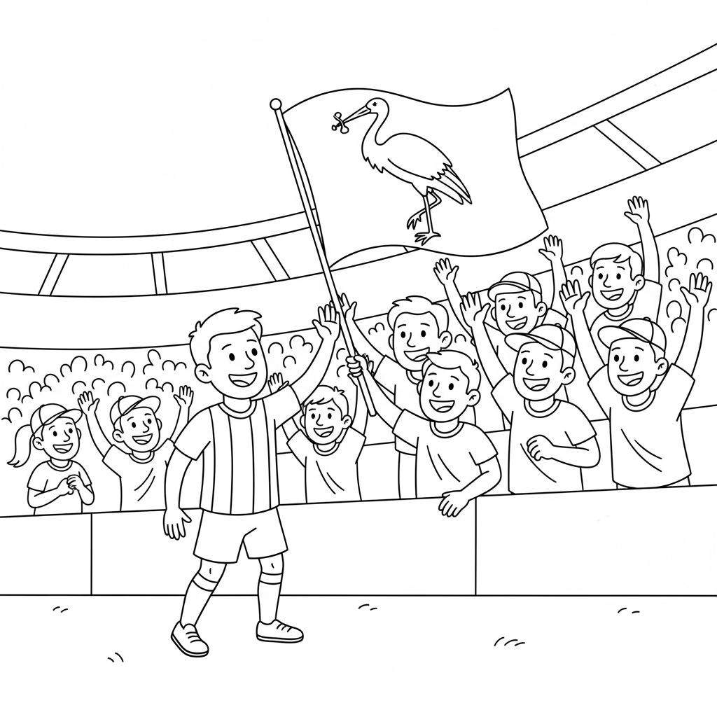 Kleurplaat: Jongen zwaait met vogelvlag voor juichend stadionpubliek, ADO Den Haag.