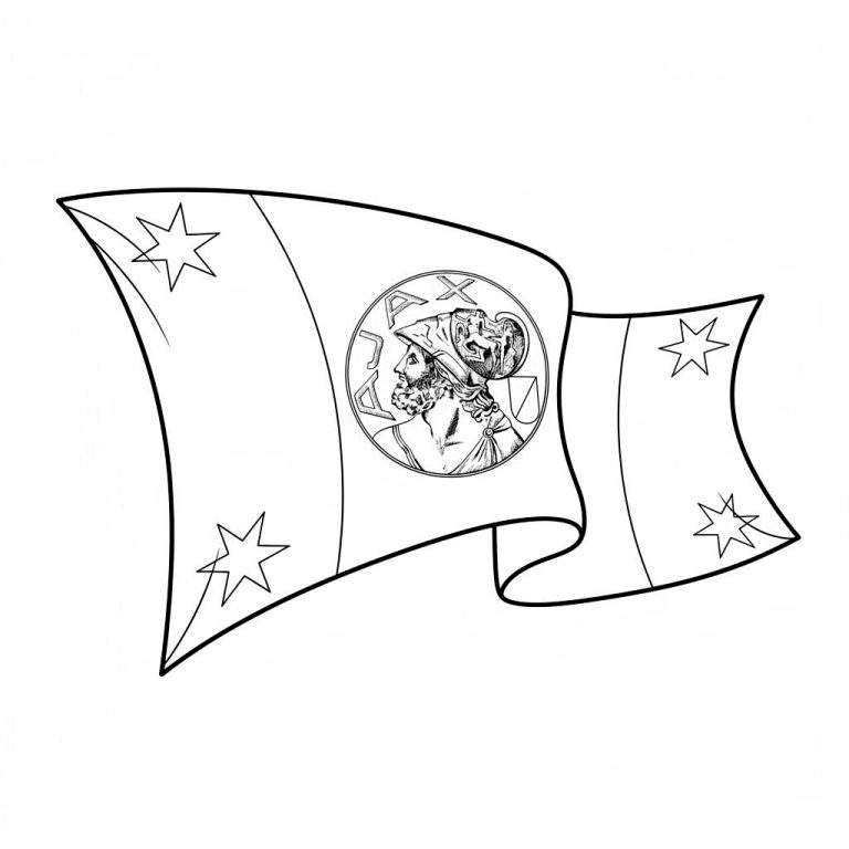 Zwart-wit kleurplaat van een wapperende Ajax-vlag met klassieke krijger, A X D letters en drie zevenpuntige sterren.
