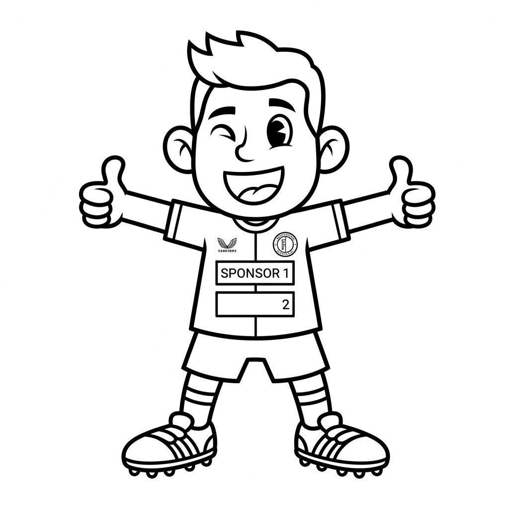 Kleurplaat van een vrolijke Feyenoord voetbaljongen in cartoonstijl, knipoogend en met twee duimen omhoog. Hij draagt een Castore tenue met sponsorlogo's en voetbalschoenen.