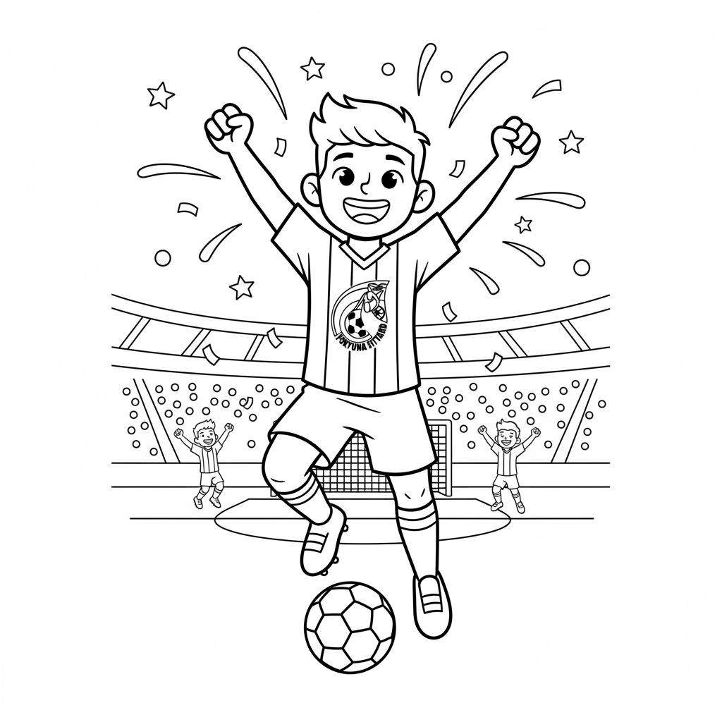 Kleurplaat van een juichende Fortuna Sittard voetballer in een stadion, omringd door confetti en twee andere juichende jongens.