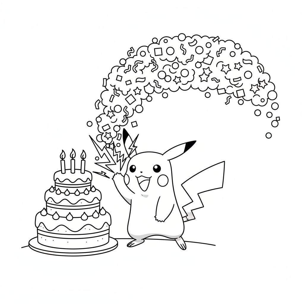 Kleurplaat van een feestelijke Pikachu met één arm omhoog, omringd door bliksemschichten en een wolk van confetti. Links staat een drielaagse verjaardagstaart met brandende kaarsjes.