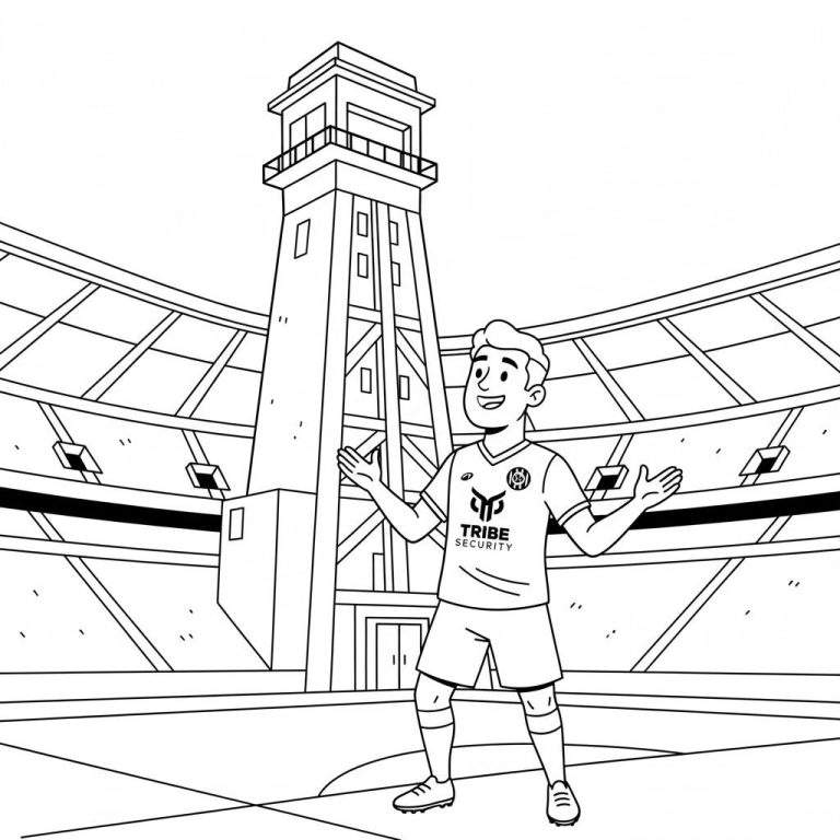 Zwart-witte kleurplaat van een lachende Roda JC voetballer met open armen voor een stadiontoren en tribunes, met 'Tribe Security' op zijn shirt.