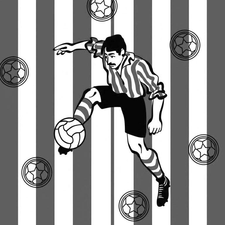 Zwart-wit kleurplaat van een Sparta Rotterdam voetballer met snor die een voetbal hooghoudt, tegen een gestreepte achtergrond met ster-voetbalpatronen.