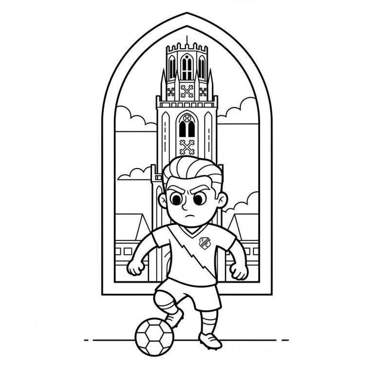 Zwart-wit kleurplaat van een cartoonjongen in FC Utrecht shirt met voetbal, staand voor een gotische toren (Domtoren) onder een grote boog. De jongen heeft een geconcentreerde uitdrukking.